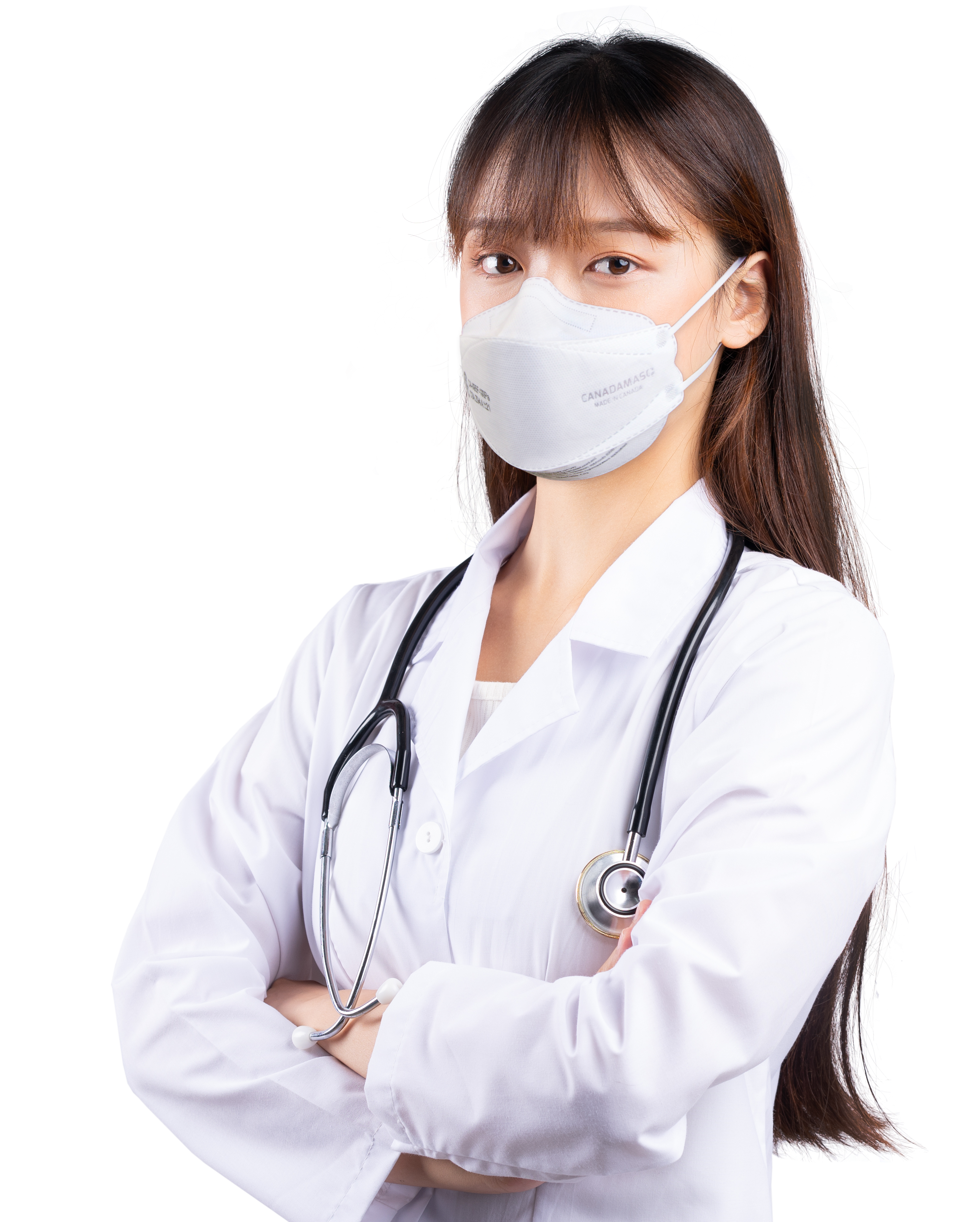 Healthcare worker woman doctor or nurse wearing Q100 CA-N95F white CSA surgical respirator mask with earloops