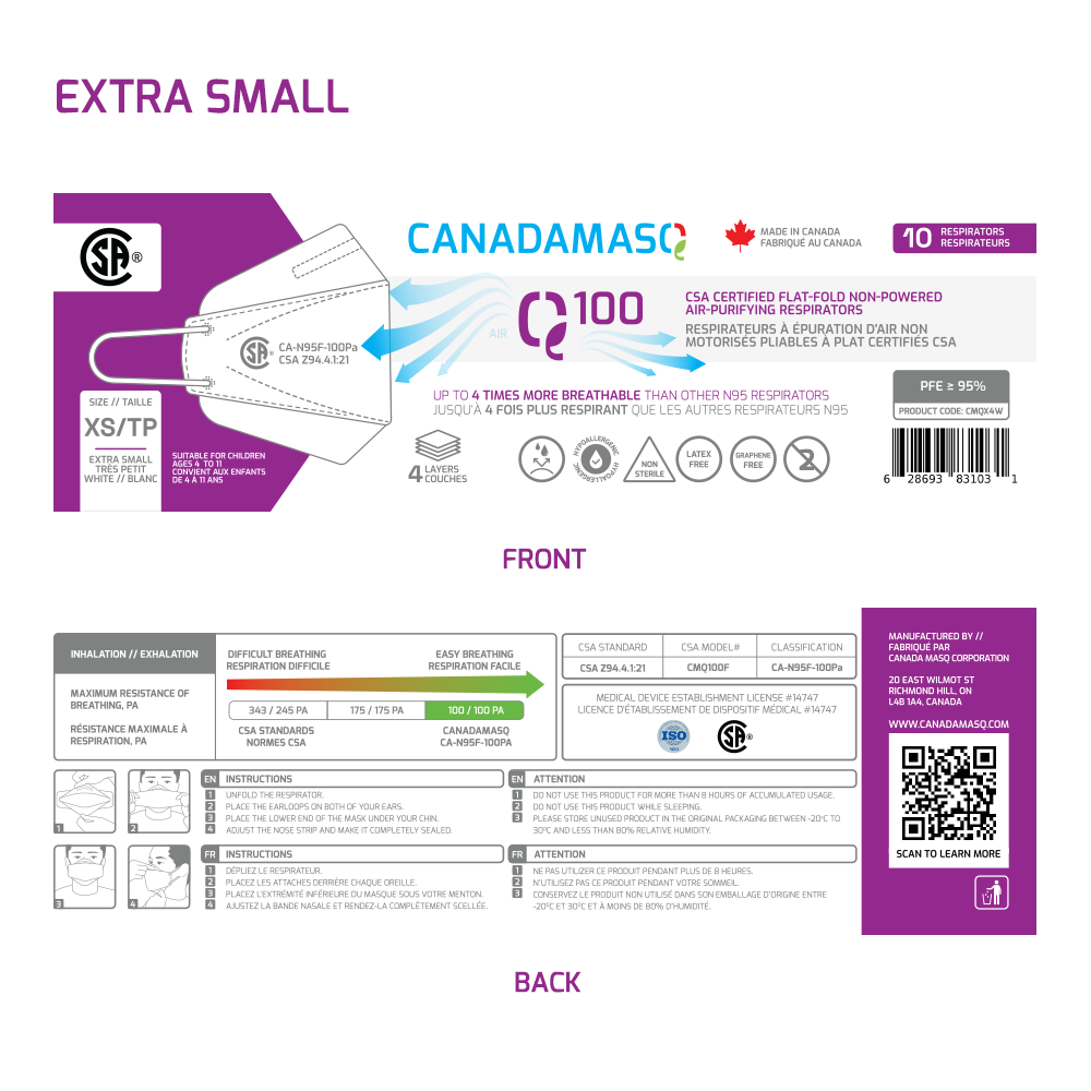 Canada Masq Q100 XS Kids extra small respirator mask detailed instructions and specifications insert card artwork