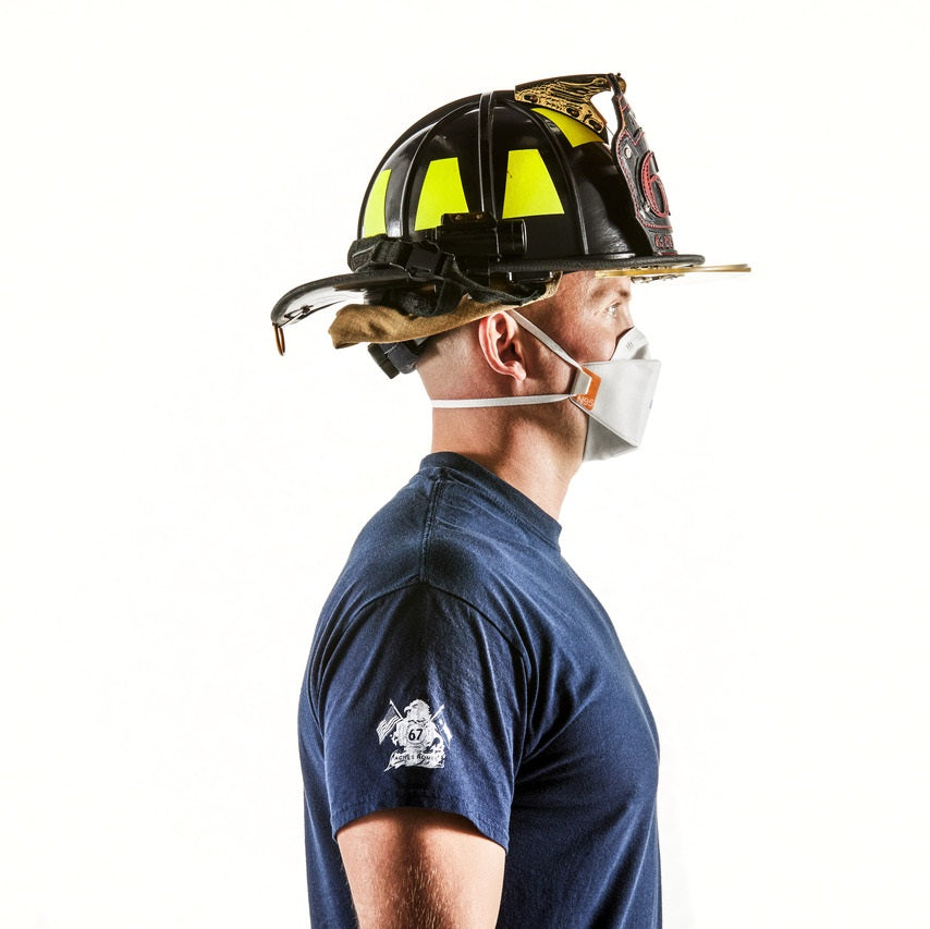 firefighter wearing Draeger 1950 NIOSH N95 for wildfire smoke respirator half mask disposable